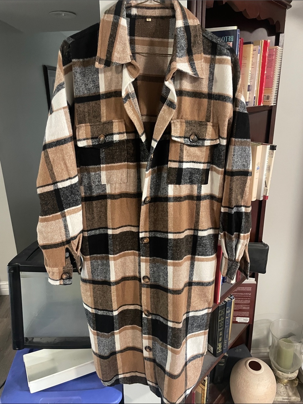 Women’s Long Plaid Shacket Jacket - Beige Black White
